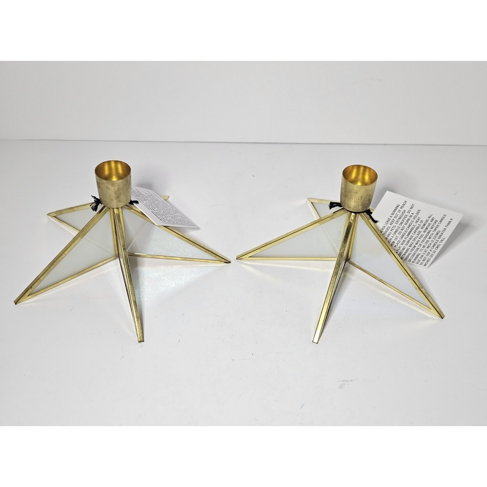 Set of 2 Target Star Taper Candle Holders Gold Brass Leaded Glass Christmas NWT - Picture 6 of 7
